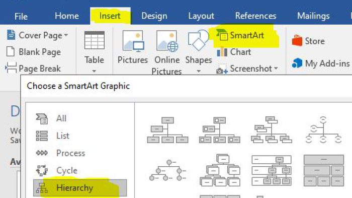 cara membuat struktur organisasi di word 2016 menggunakan smartart