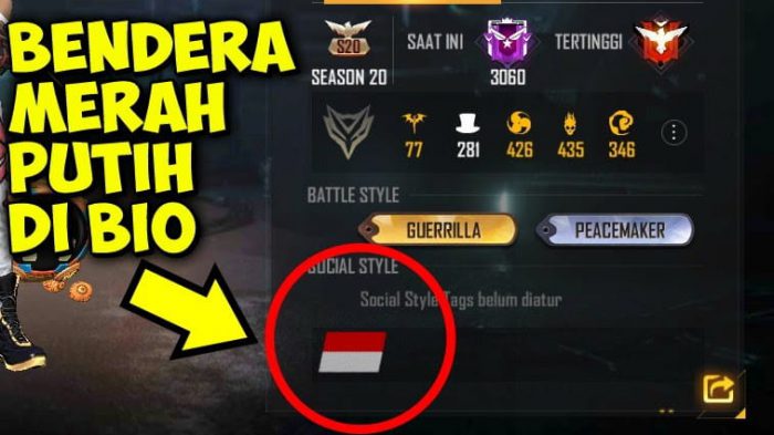 kode bendera Indonesia FF + cara pasang di profil