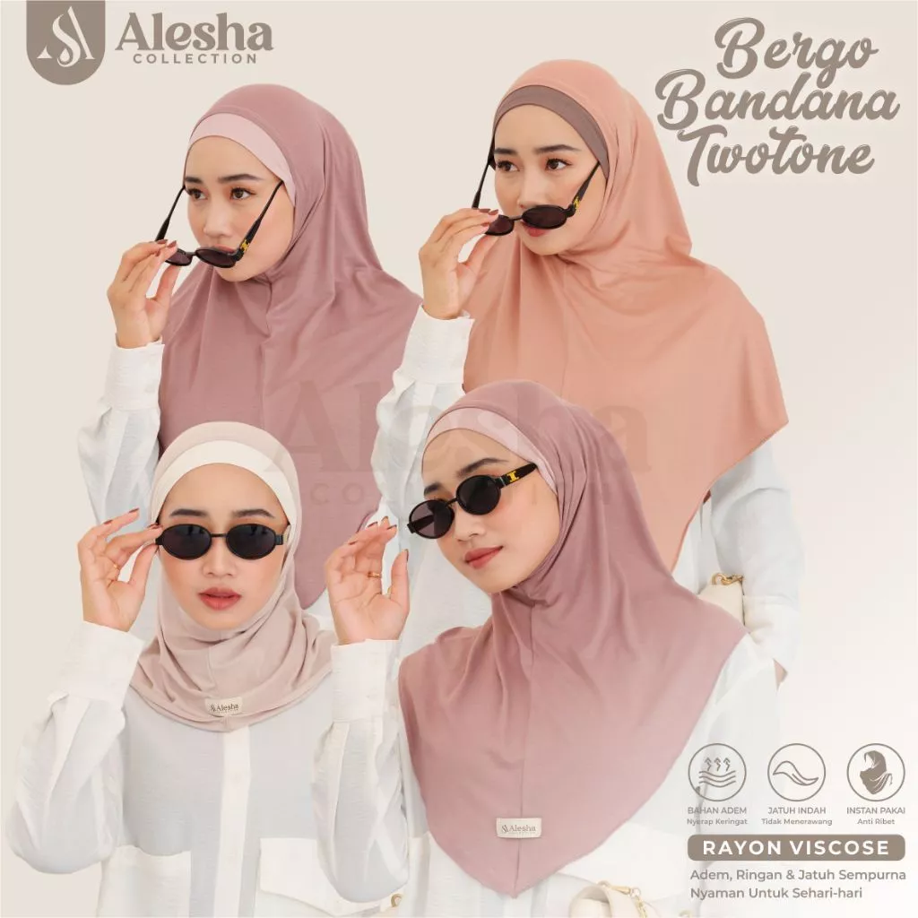 Alesha - Jilbab Bergo Kalea Two Tone Tali Bandana Rayon Viscose Size S/M/L/XL - foto 3